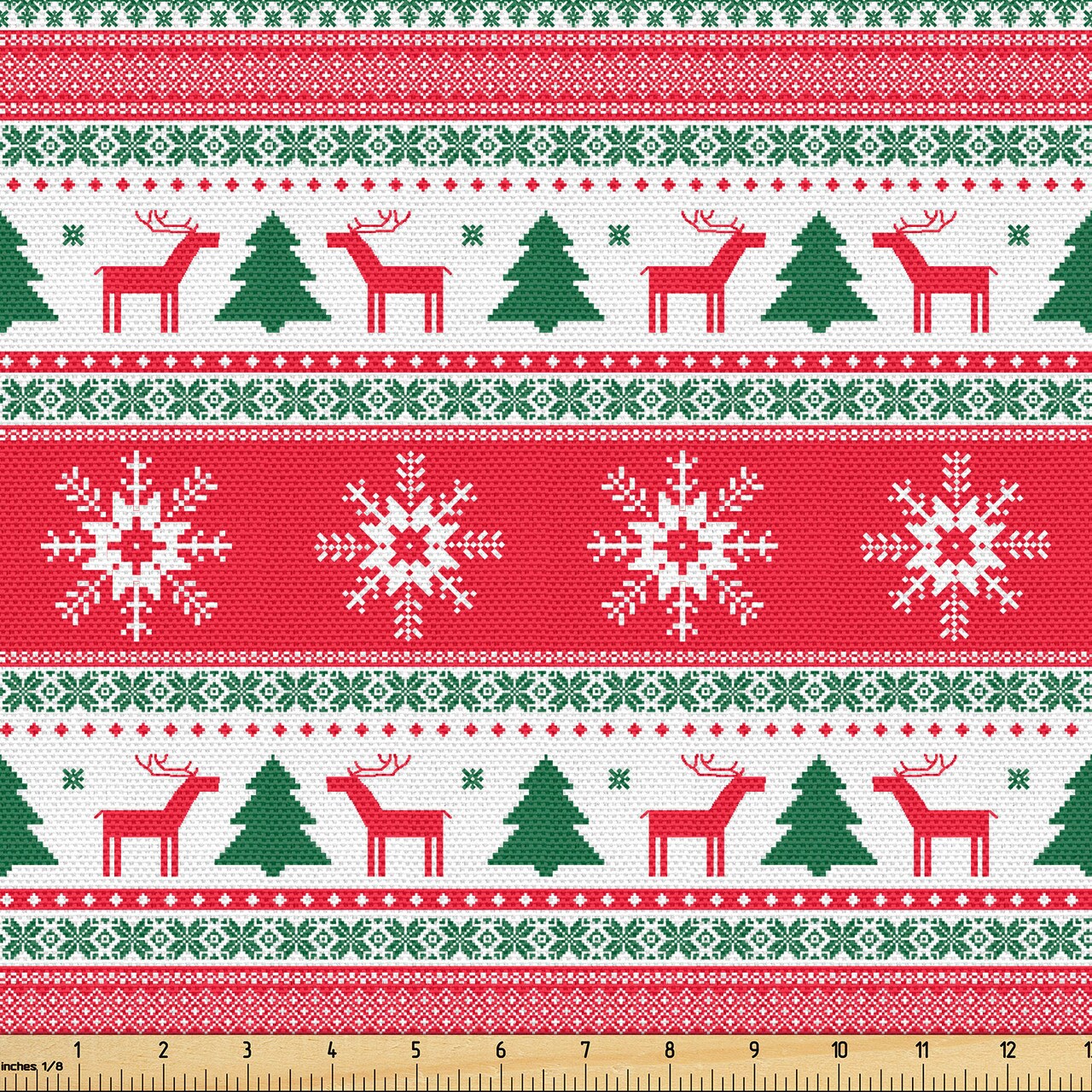 Ambesonne Christmas Fabric by The Yard, Traditional Reindeer Xmas Tree Snowflake Border Knitted Seem Pattern, Decorative Fabric for Upholstery and Home Accents, 3 Yards, Vermilion White